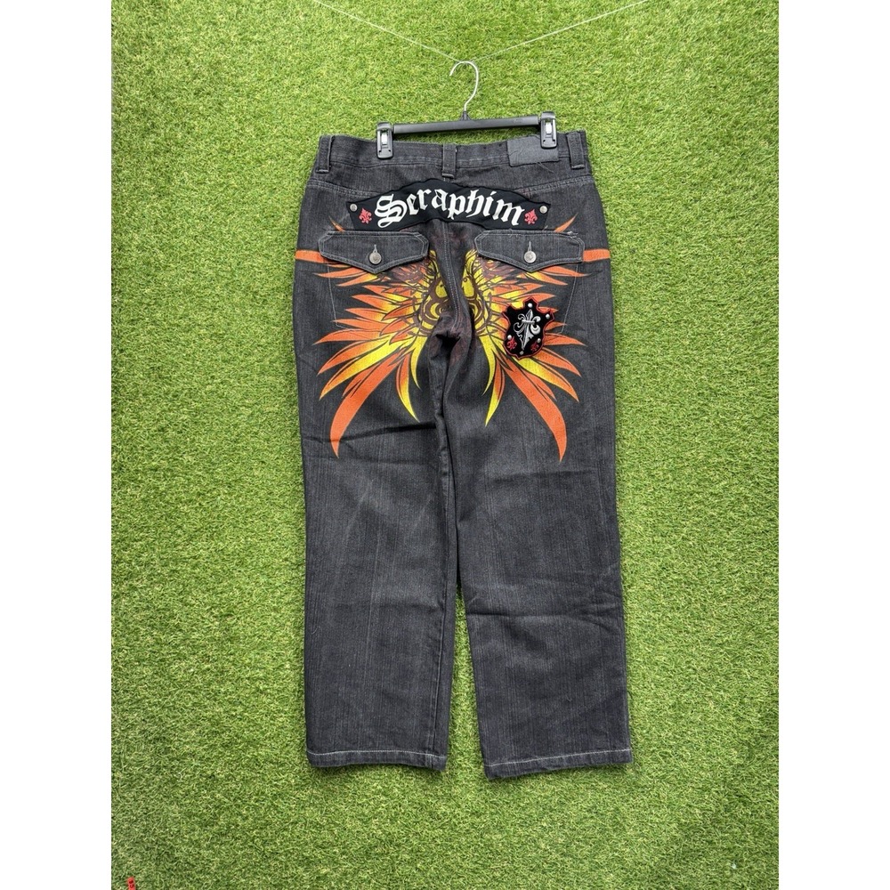 Y2K Raw Blue Jeans Mens 36x32 Sacred Spirit Grunge Embroidered Black Baggy